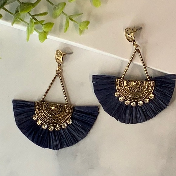 Navy Blue Half Circle Fan Shape Raffia Straw Earrings - Picture 1 of 4